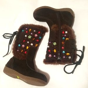 Kenneth Cole Reaction Leather Suede Brown Boots with Gems/Jewels Embellishments